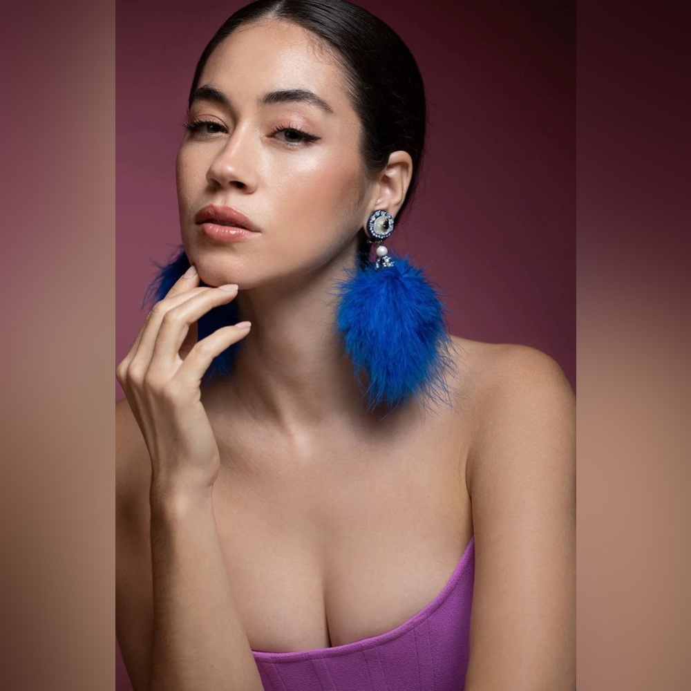 Ranjana Khan cobalt pom marabou feather earrings